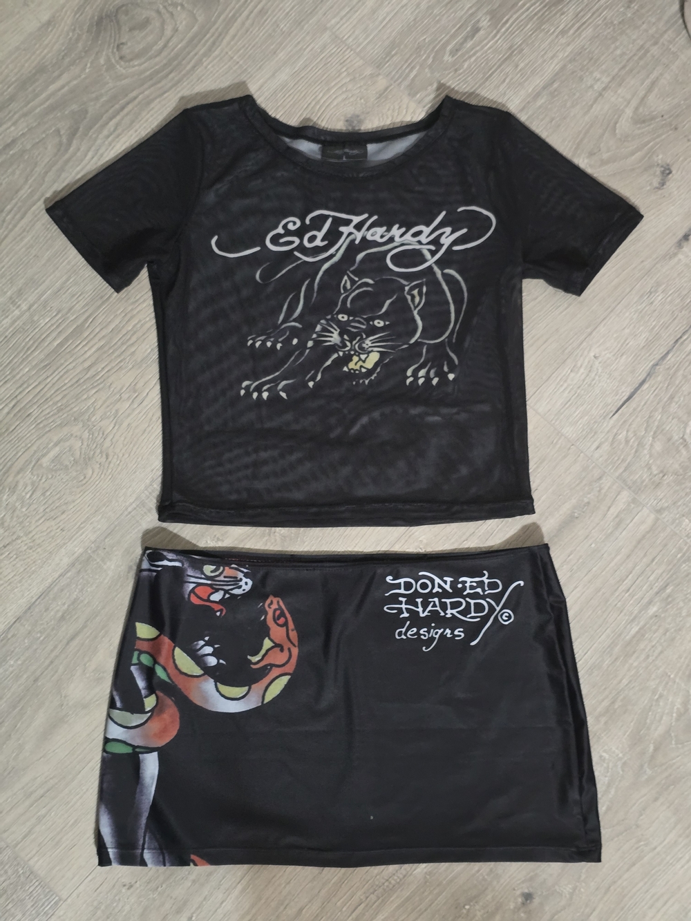 Ed Hardy Black Mesh Crop Top and Black Skirt Set with Multicolor Snake Accent